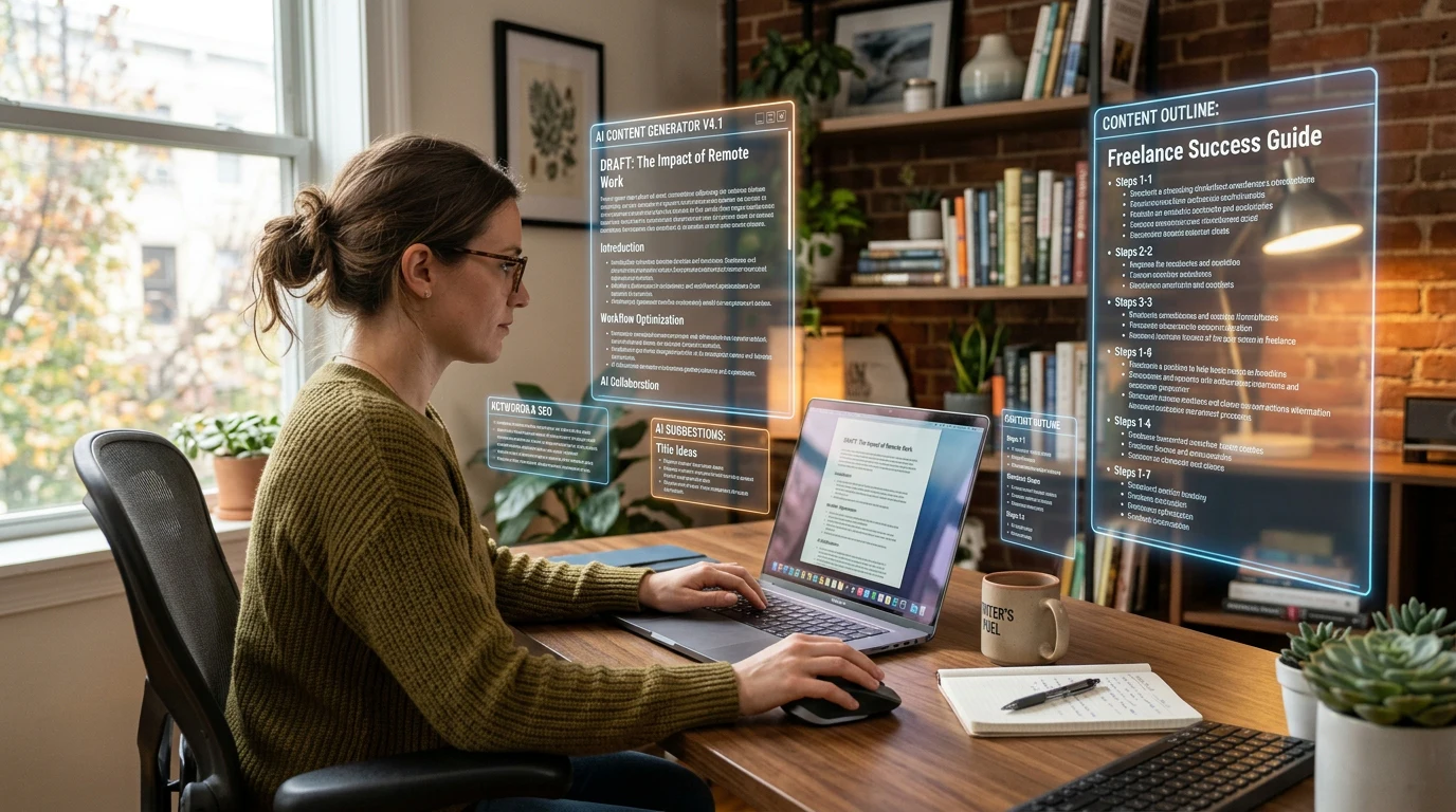 Freelancer creating content with the help of artificial intelligence tools.