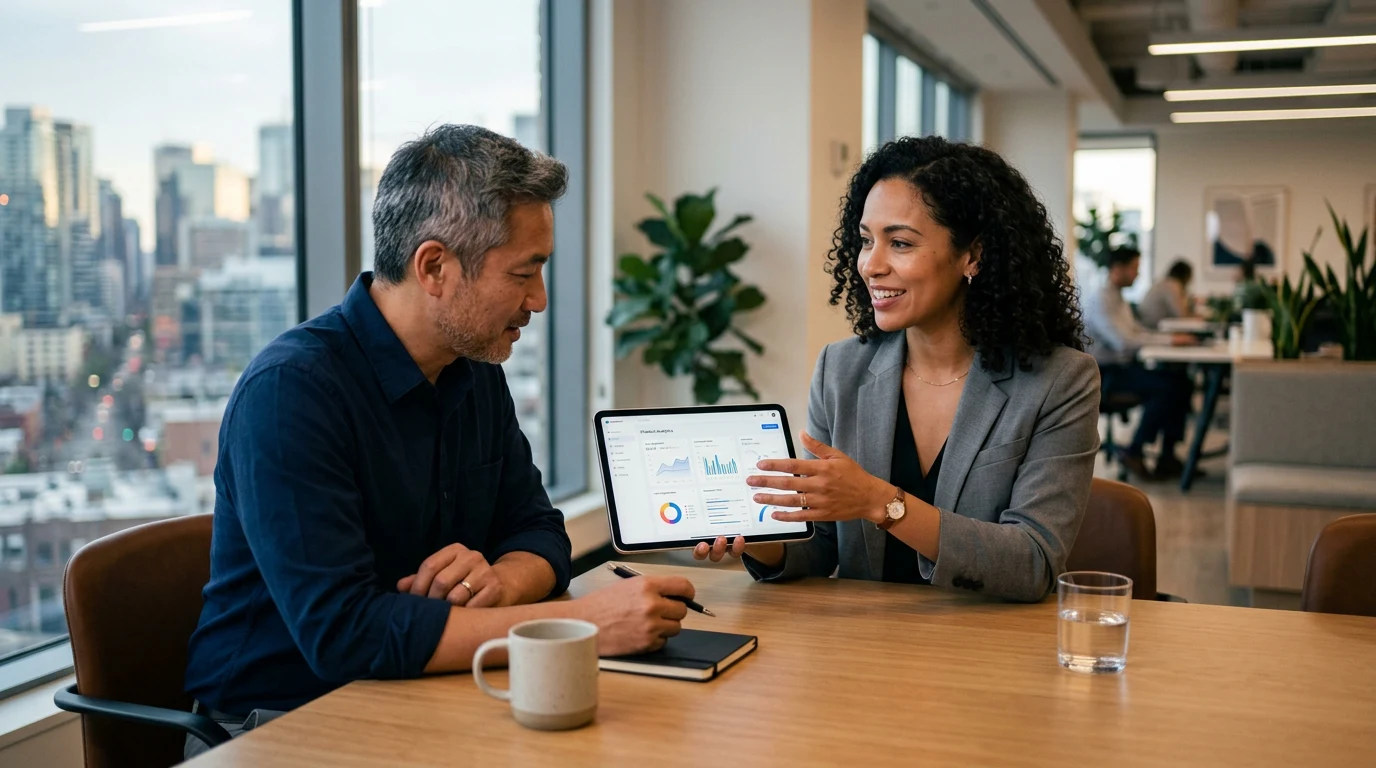 Freelancer presenting an AI chatbot solution to a business client.