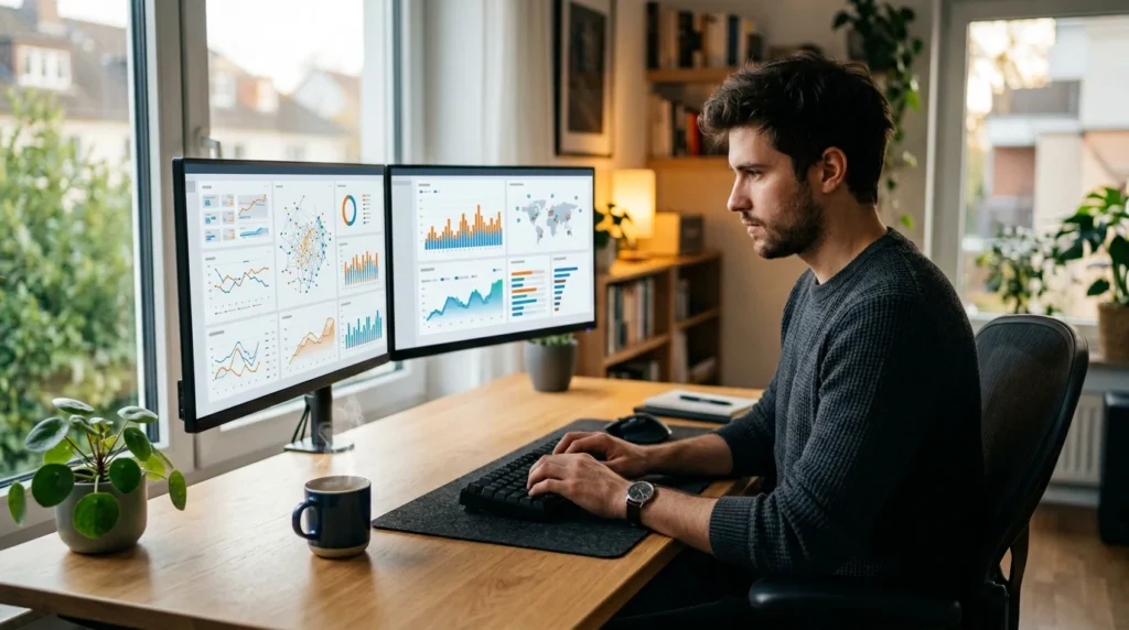 AI freelancing working on AI-powered projects at a modern desk setup