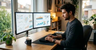 AI freelancing working on AI-powered projects at a modern desk setup
