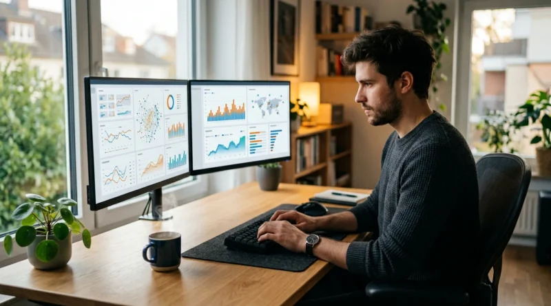 AI freelancing working on AI-powered projects at a modern desk setup