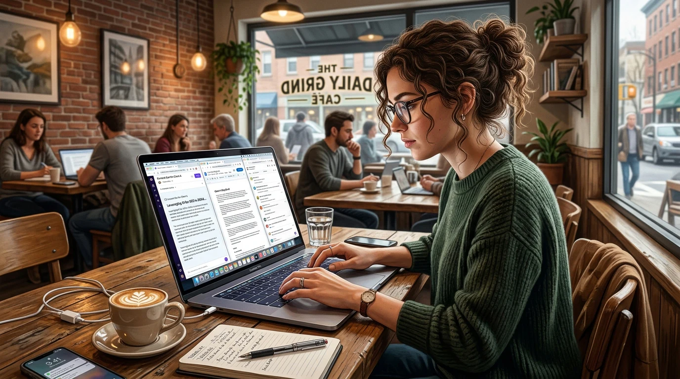 AI freelance content creator working online.