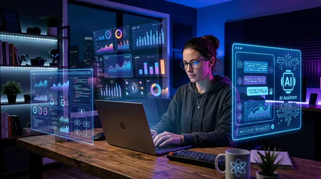 AI freelancer working with artificial intelligence tools to earn money online in 2026