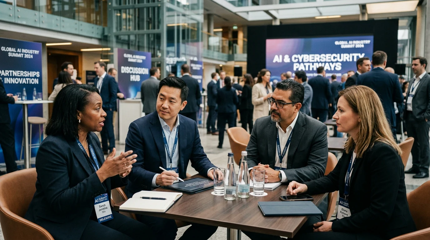 Technology leaders discussing AI security collaboration.