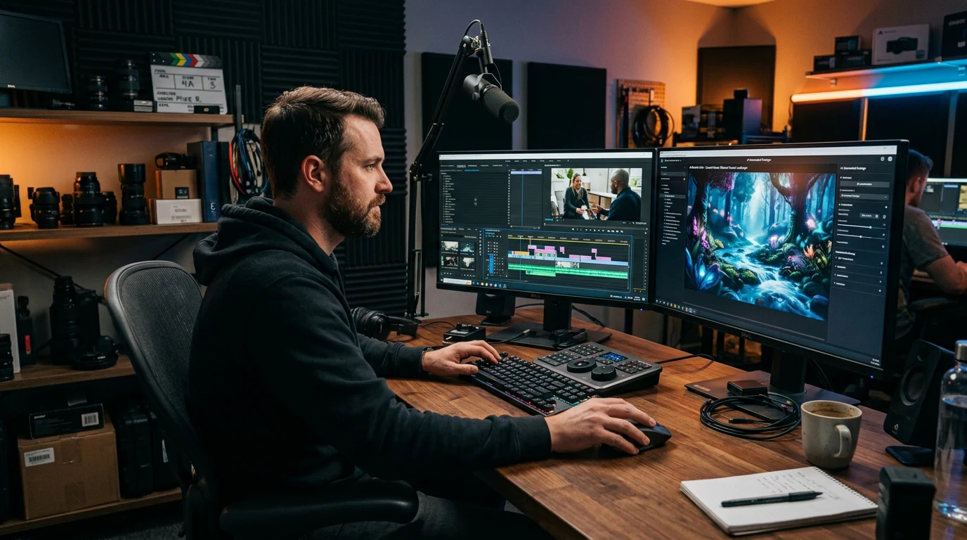 Freelancer editing AI-generated videos on a professional workstation.