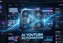 AI YouTube Automation: Futuristic play button with glowing circuits and digital data streams