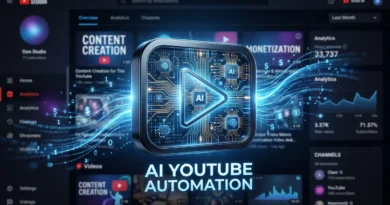 AI YouTube Automation: Futuristic play button with glowing circuits and digital data streams