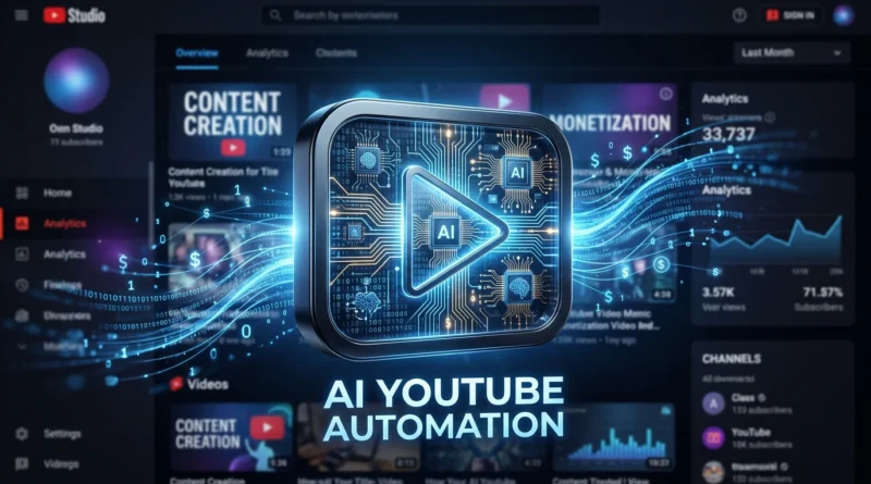 AI YouTube Automation: Futuristic play button with glowing circuits and digital data streams