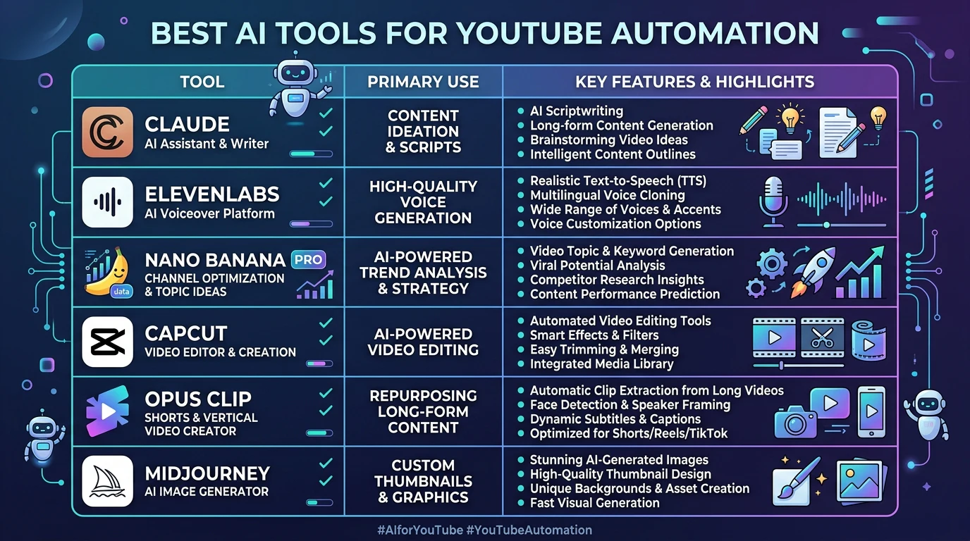 Comparison table of best AI tools for YouTube automation: Claude, ElevenLabs, Nano Banana Pro, CapCut, Opus Clip, Midjourney.