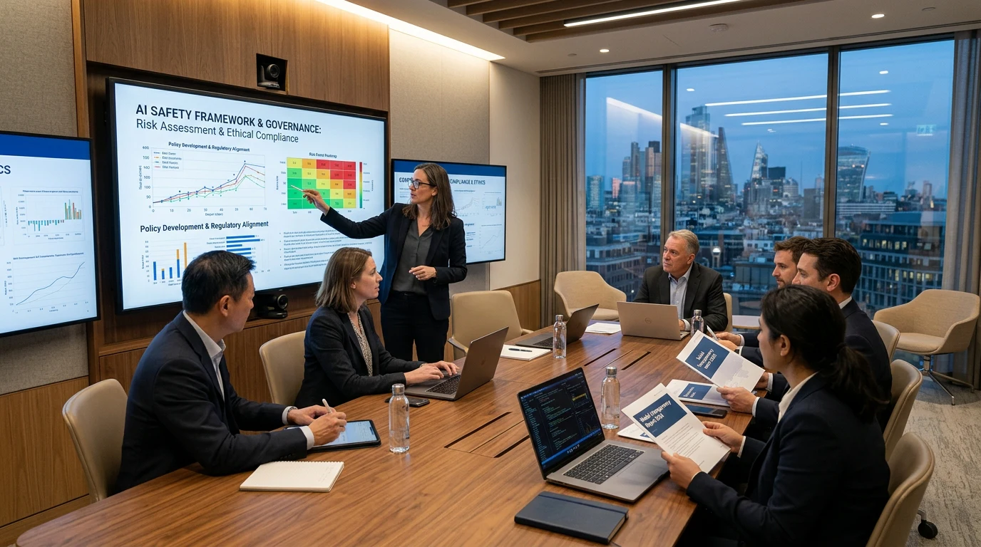 Researchers discussing the new AI safety report.

