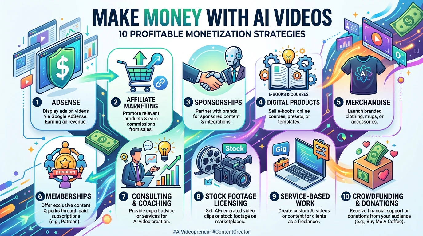 Infographic showing 10 ways to make money with AI videos on YouTube: AdSense, affiliate marketing, sponsorships, digital products, etc.