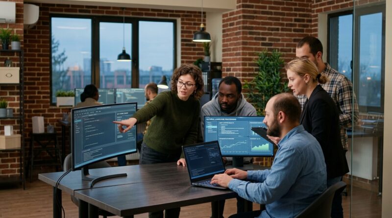 A team working on artificial intelligence or a modern office with screens displaying AI tools