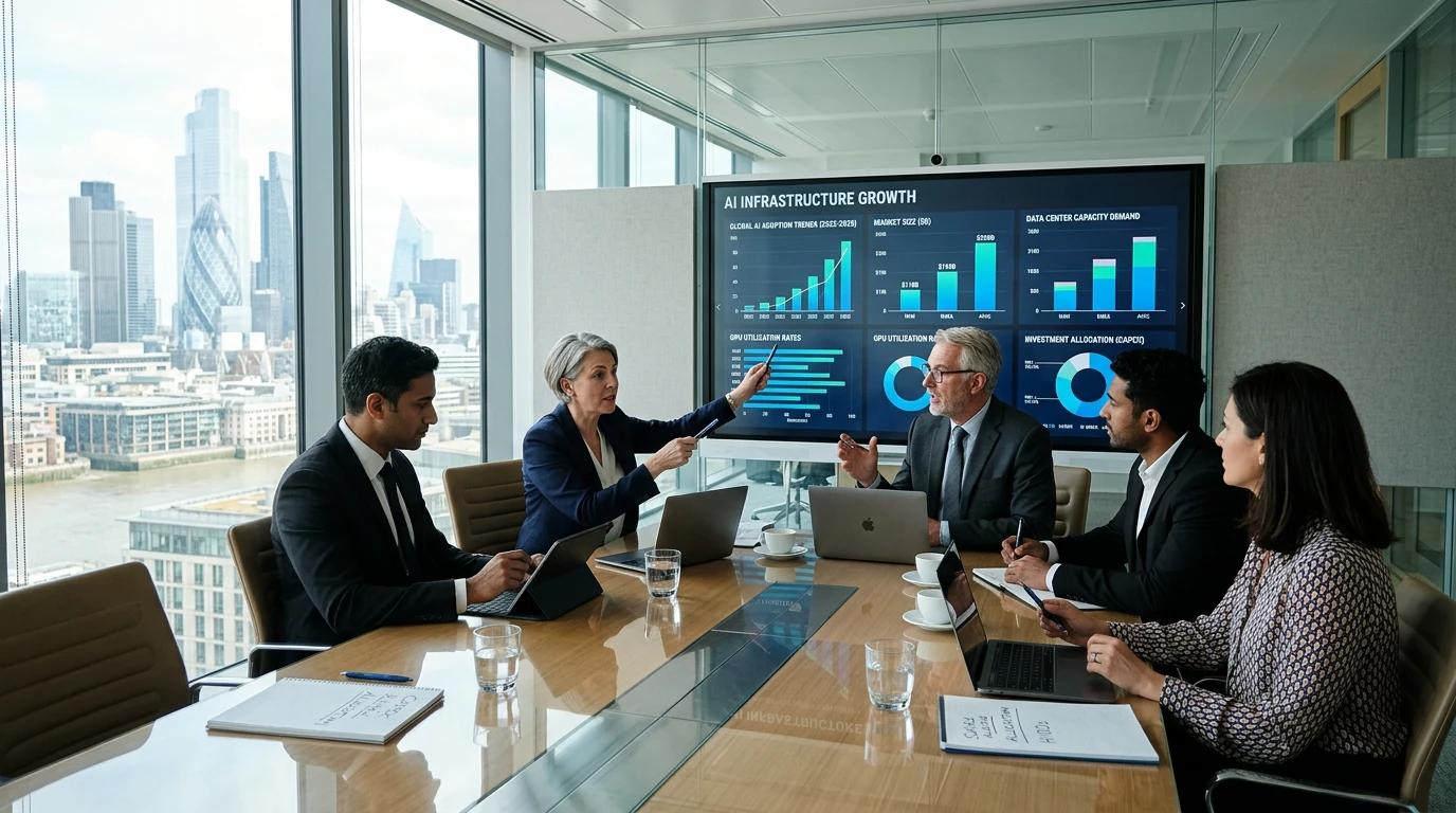 Business leaders discussing AI infrastructure investments.
