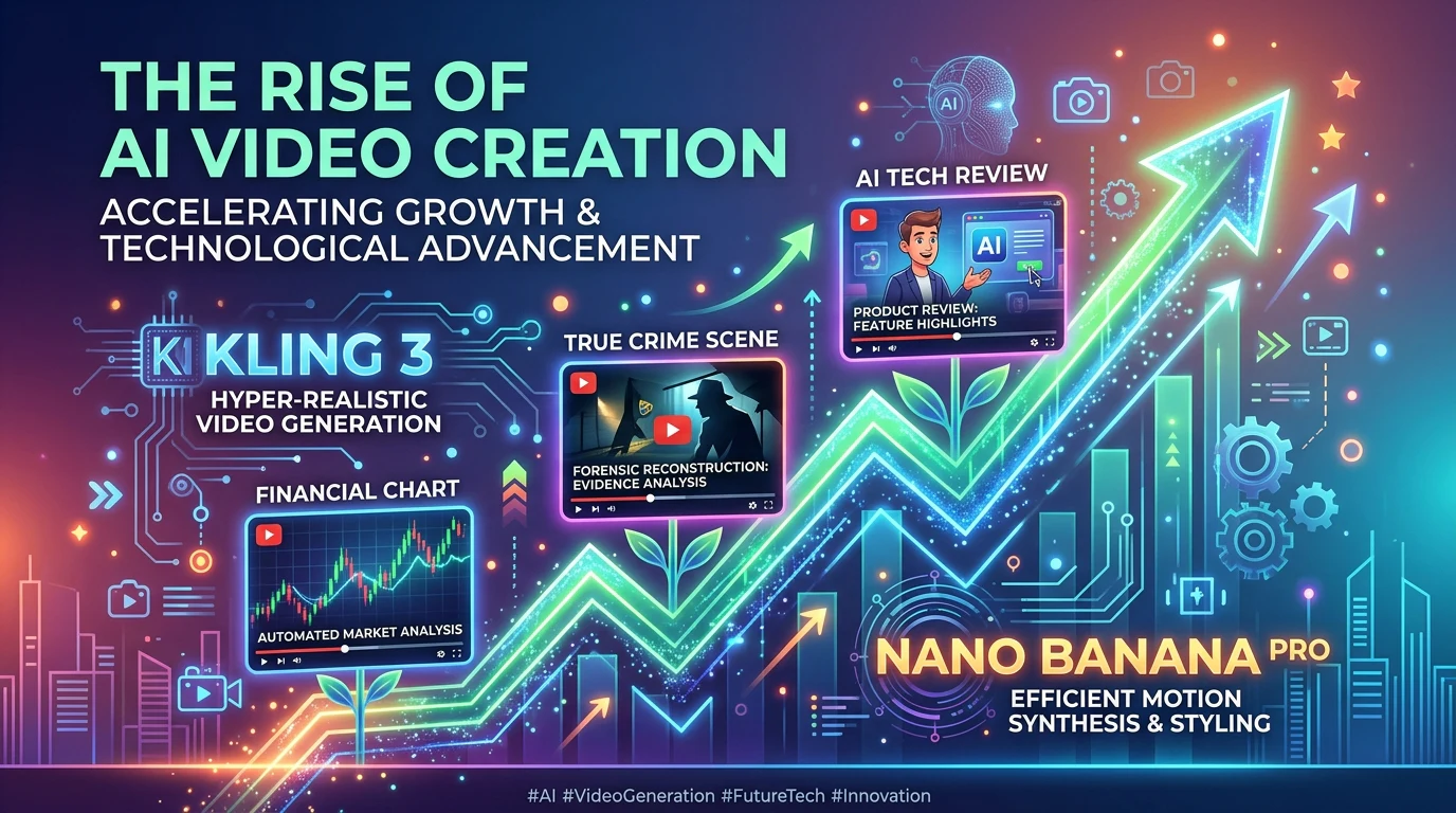 Growth of AI video creation and YouTube automation in 2026, with trending graphs and AI-generated content examples.