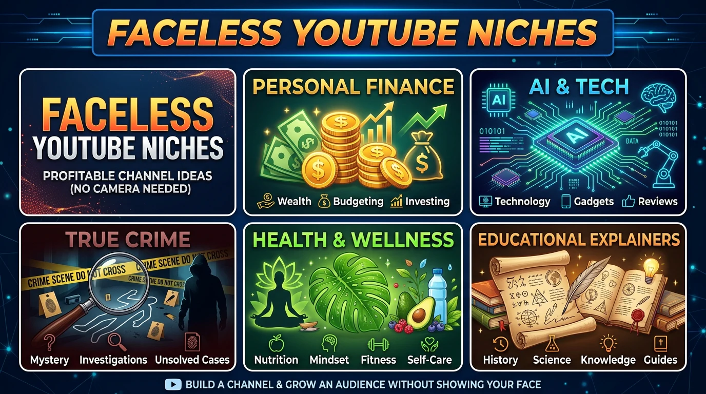 Visual representation of best faceless YouTube niches in 2026: finance, AI tech, true crime, health, education.