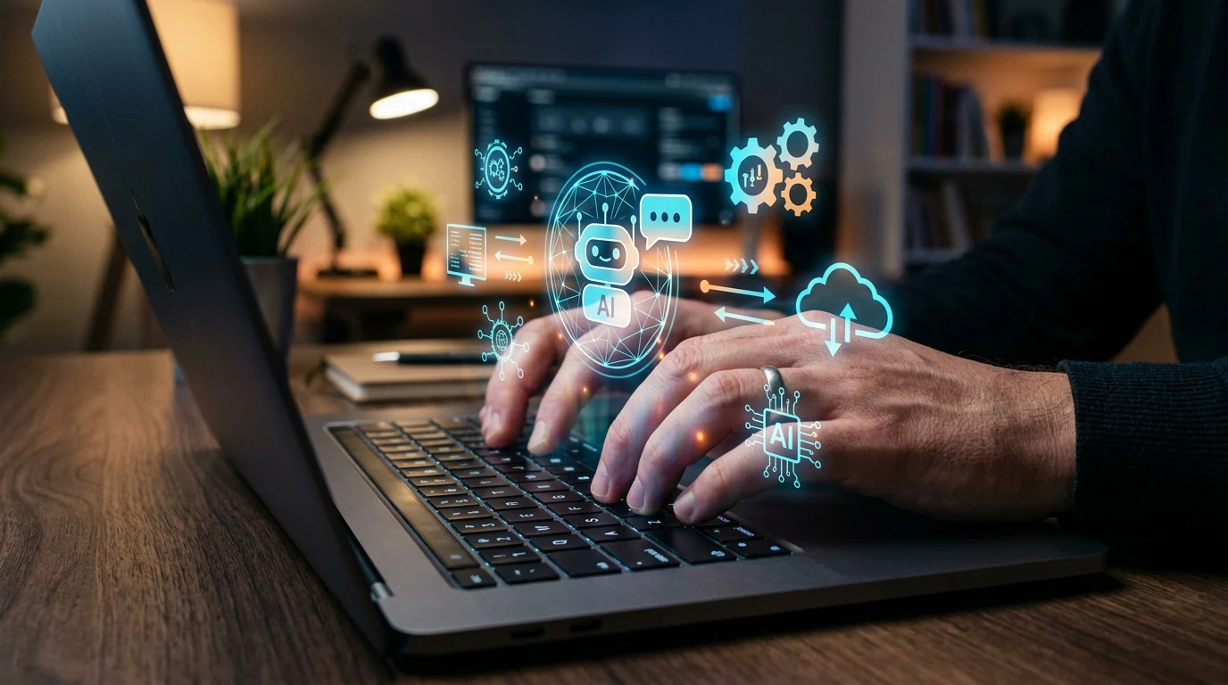 Freelancer using AI-powered tools and software on a laptop.