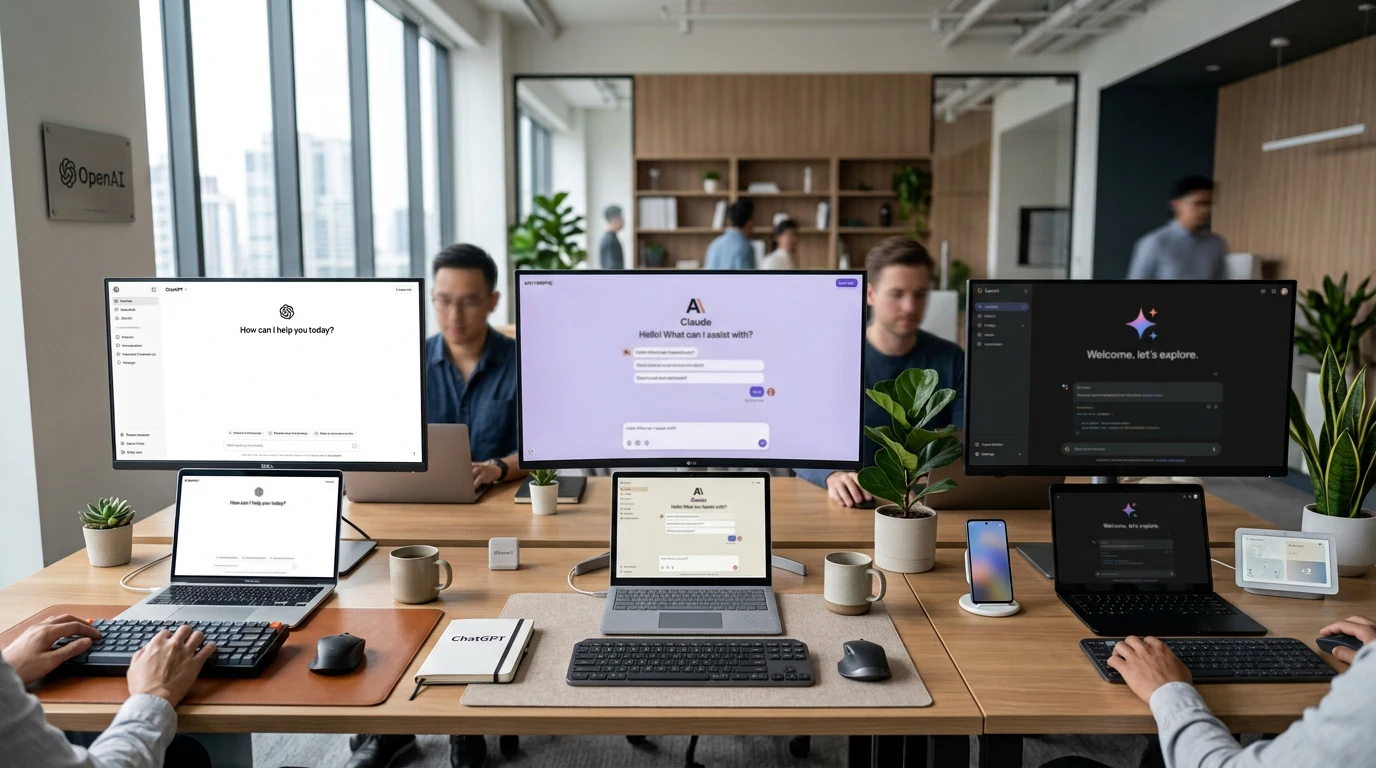 Three AI assistants ChatGPT Claude and Gemini on modern workstations
