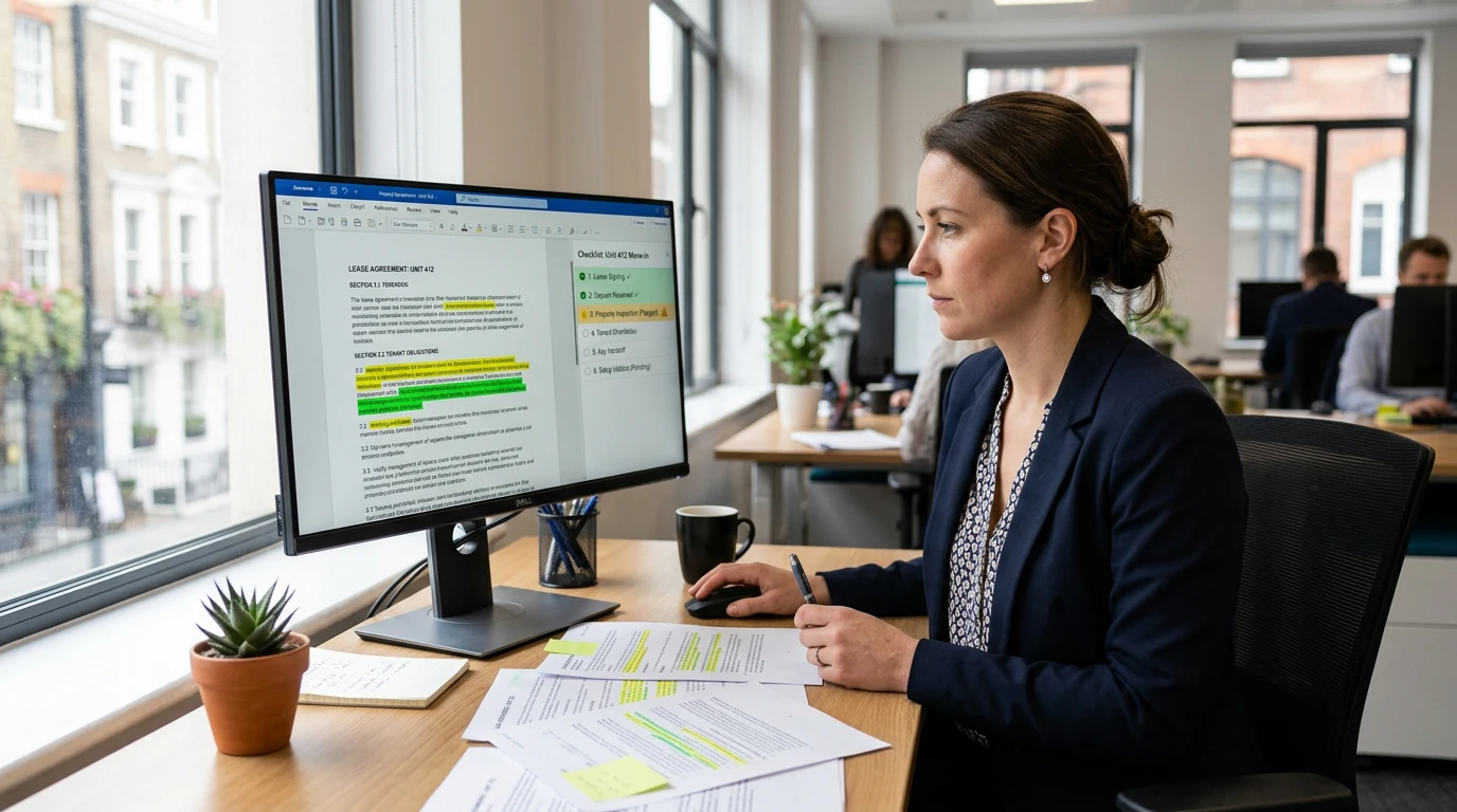 Property manager reviewing highlighted documents on a computer monitor