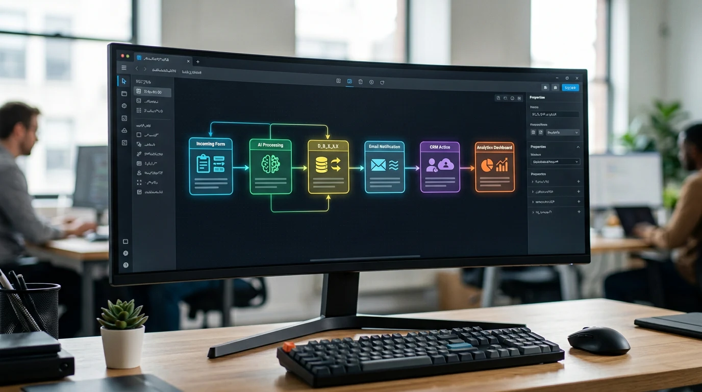 Visual no-code workflow connecting multiple automated business tasks