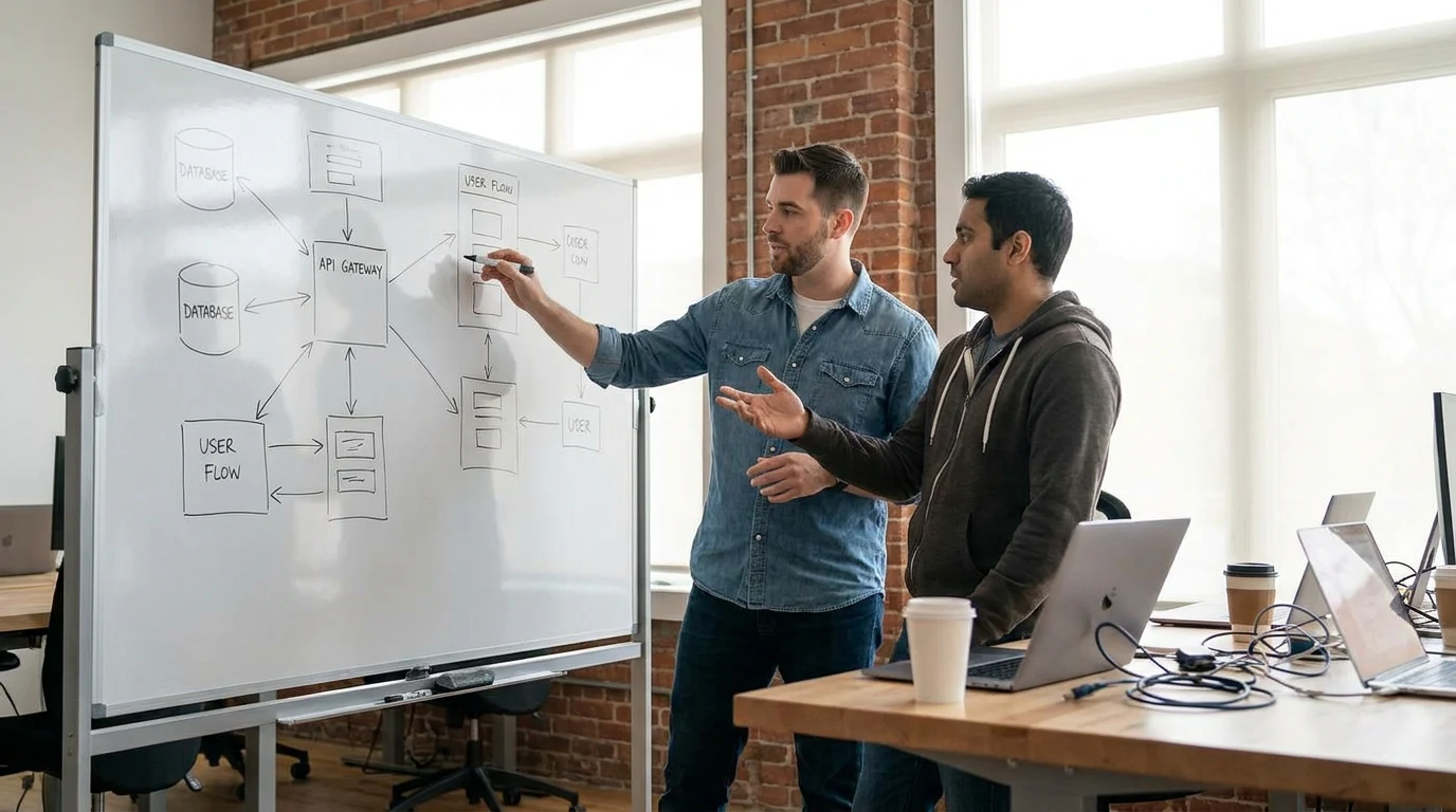 Developers mapping a software architecture on a whiteboard