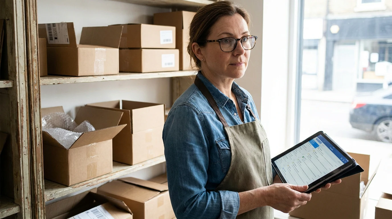 Small-business owner reviewing customer messages on a tablet in a back office . AI Micro-SaaS Ideas