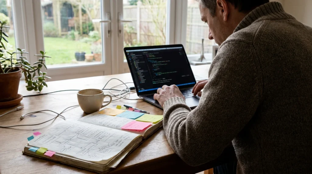 Solo founder sketching a software workflow in a notebook beside an open laptop