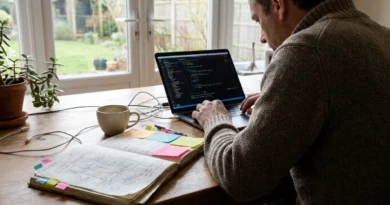 Solo founder sketching a software workflow in a notebook beside an open laptop