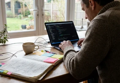 Solo founder sketching a software workflow in a notebook beside an open laptop