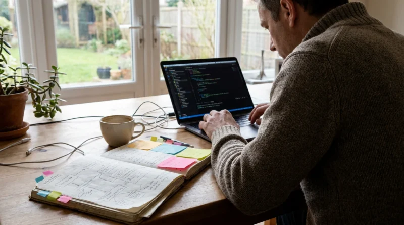 Solo founder sketching a software workflow in a notebook beside an open laptop