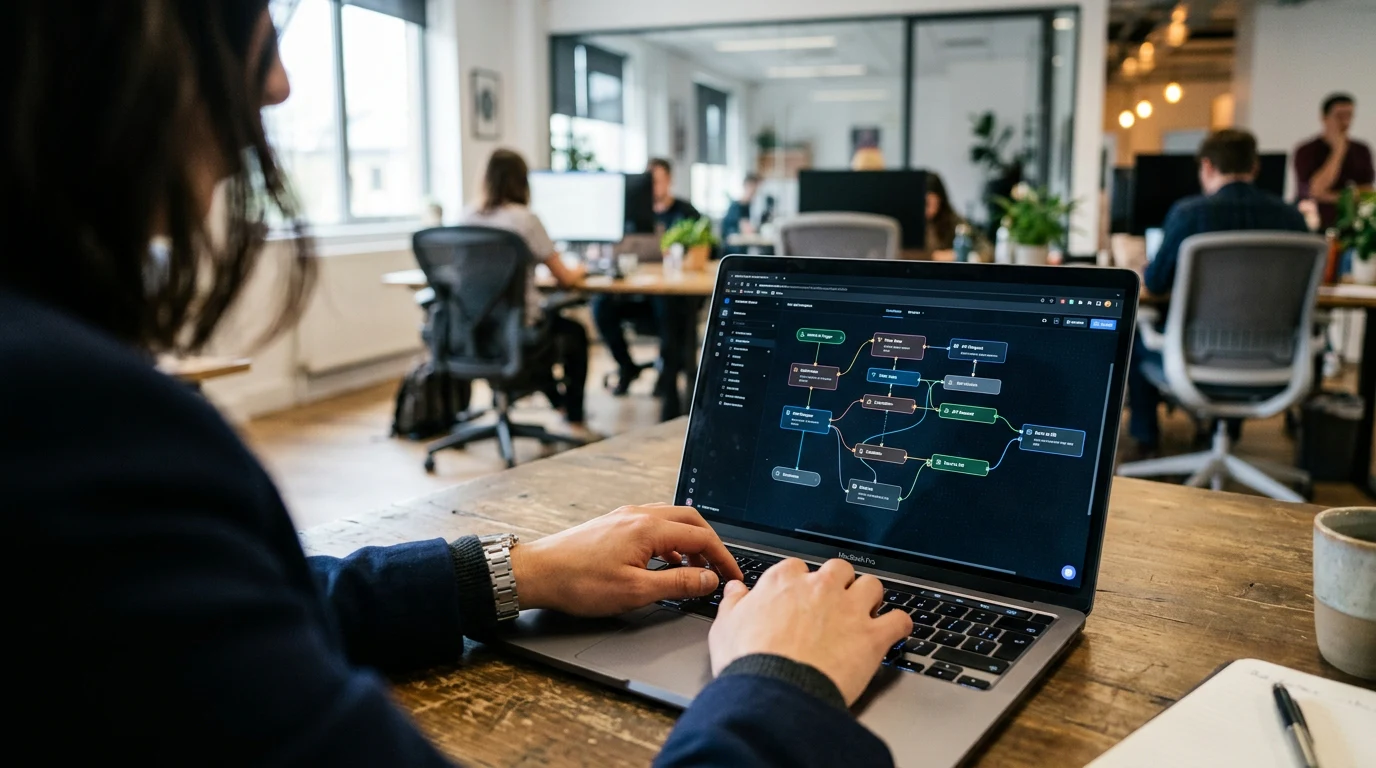 Person building a visual automation workflow with connected nodes on a laptop screen